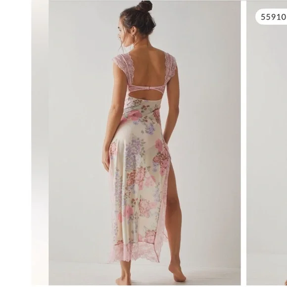 Worn 1x Free People Suddenly Fine Maxi Slip Floral Sheer Lace-trimmed Maxi Dress - Picture 9 of 10